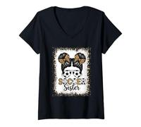 Mujer Soccer Sister Messy Bun - Gafas de Sol con Estampado de Leopardo Camiseta Cuello V