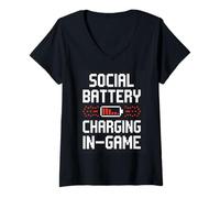 Mujer Social Battery Gamer Pixel Charging Graphic Camiseta Cuello V