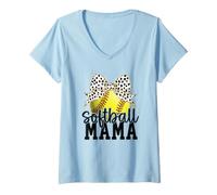 Mujer Softball Mama Bow Cute Vibes & Trendy Style for Moms Camiseta Cuello V