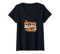 Mujer Softball Mama Era Retro Groovy Baseball Mom Vibes Love Cute Camiseta Cuello V