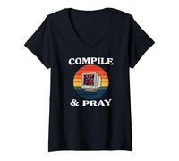 Mujer Software Developer Compile & Pray Retro Coder Camiseta Cuello V