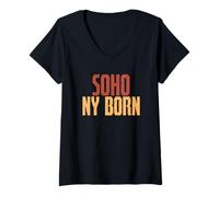 Mujer SoHo NY Born Tee Retro Block Lettering Mujer Hombre Camiseta Cuello V