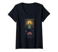 Mujer Sol Pino Árbol Luna Hongo Bosque Celestial Boho Arte Popular Camiseta Cuello V