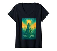 Mujer Solarpunk Eco Futuro Ciudad Arte Naturaleza Tecnología Sostenibilidad Camiseta Cuello V