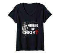 Mujer Soldado de Cristo American Christian Veteran Warrior Bandera de Estados Unidos Camiseta Cuello V