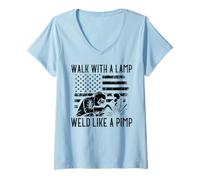 Mujer Soldador Caminar con Lámpara Soldar como Proxeneta Divertido Bandera De Estados Unidos Humor Hombres Camiseta Cuello V