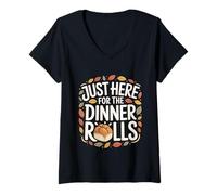 Mujer Solo aquí para la Cena, panecillos, Acogedor Día de Acción de Gracias otoño-otoño Camiseta Cuello V