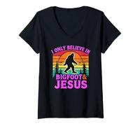 Mujer Solo Creo en el Divertido Dios Retro de Bigfoot y Jesús, Sasquatch Camiseta Cuello V