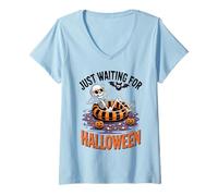 Mujer Solo Esperando a Halloween Funny Skeleton Summer Spooky Kids Camiseta Cuello V