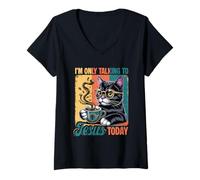 Mujer Solo Estoy Hablando con Jesús Hoy café Cristiano Gato Negro Camiseta Cuello V