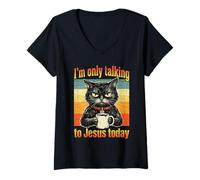 Mujer Solo Estoy Hablando con Jesús Hoy café Cristiano Gato Negro Camiseta Cuello V