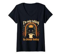 Mujer Solo Estoy Hablando con Jesús Hoy Gracioso Gato Negro Café Humor Camiseta Cuello V