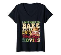 Mujer Solo Quiero Hornear Cosas y Ver películas navideñas Camiseta Cuello V
