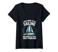 Mujer Solo quiero ir a navegar Divertido Velero Humor Vela Camiseta Cuello V