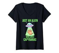 Mujer Solo un Extraterrestre al Que le encantan los Lindos platillos voladores OVNI de los capibaras Camiseta Cuello V