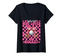 Mujer Solo una chica a la que le encanta el hockey Coquette Bow Camiseta Cuello V