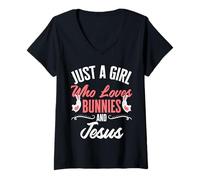 Mujer Solo una chica a la que le encantan los conejos y el conejo de Pascua Jesus Bunny Camiseta Cuello V