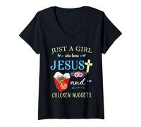 Mujer Solo Una Chica Que Ama A Jesús Y Los Nuggets De Pollo Camiseta Cuello V