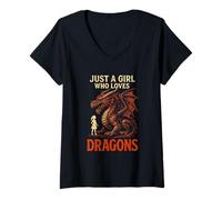 Mujer Solo una Chica Que ama a los Dragones Fantasía Fuego mítico Camiseta Cuello V