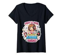 Mujer Solo una Chica Que ama el Anime y la música, Cantante, Arte japonés, Camiseta Cuello V