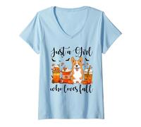 Mujer Solo una Chica Que ama el otoño, Corgi Dog Pumpkin Cozy Autumn Camiseta Cuello V