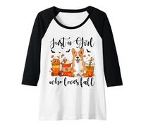 Mujer Solo una Chica Que ama el otoño, Corgi Dog Pumpkin Cozy Autumn Camiseta Manga Raglan