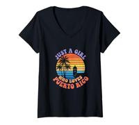 Mujer Solo una Chica Que ama Las Obras de Arte Retro de Puerto Rico al Atardecer Camiseta Cuello V