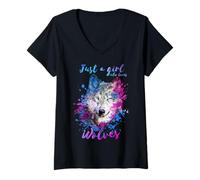 Mujer Sólo una chica que ama lobos lobo salpicaduras pintura acuarela Camiseta Cuello V