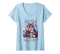 Mujer Solo una Chica Que ama los Libros y los Lobos Profesor Bibliotecario Camiseta Cuello V