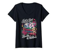 Mujer Solo una Chica Que ama los Libros y los Lobos, un Nerd de la Lectura de Libros Camiseta Cuello V