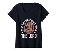 Mujer Solo una mamá caminando con el Señor, mamá retro western Camiseta Cuello V