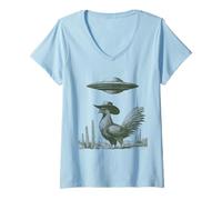 Mujer Sombrero de ala Ancha para Aves surrealistas, diseño de ovni del Desierto Camiseta Cuello V