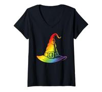 Mujer Sombrero de Bruja Arco Iris Oculto Halloween Wicca LGBTQ Camiseta Cuello V