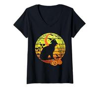 Mujer Sombrero de Bruja de Gato Aterrador de Calabazas de Halloween Vintage y Puesta de Sol de Luna Camiseta Cuello V