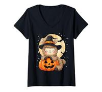 Mujer Sombrero de Bruja de Llama de Halloween Calabaza Espeluznante Camiseta Cuello V