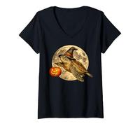 Mujer Sombrero de Bruja de Tortuga Marina Jack O Lantern Calabaza Luna Escoba Camiseta Cuello V