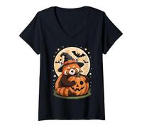 Mujer Sombrero de Bruja Panda Rojo de Halloween Calabaza Espeluznante Camiseta Cuello V