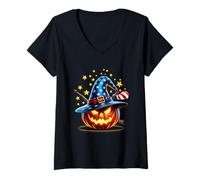 Mujer Sombrero de Bruja patriótico Jack O Lantern con Estrellas y Rayas Camiseta Cuello V