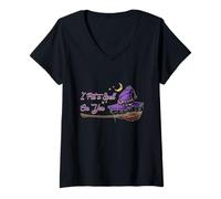 Mujer Sombrero de bruja y escoba con texto en inglés "I Put A Spell On You", divertido Halloween Camiseta Cuello V