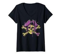 Mujer Sombrero de Calavera Pirata púrpura con Huesos Cruzados Vintage para Mujeres y niñas Camiseta Cuello V