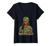 Mujer Sombrero de Camuflaje Guerrero de oración Dios Jesús Cristiano Negro Niña Mujer Camiseta Cuello V