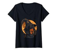 Mujer Sombrero de Halloween Wiener Dog Wizard de Dachshund Moon Spooky Witchy Camiseta Cuello V