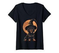 Mujer Sombrero de Halloween Wiener Dog Wizard de Dachshund Moon Spooky Witchy Camiseta Cuello V