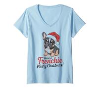 Mujer Sombrero de Papá Noel Bulldog Francés Have a Frenchie Merry Christmas Camiseta Cuello V