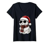 Mujer Sombrero de Papá Noel de Gato Persa, Bufanda a Cuadros, Gafas de Sol, Amantes de Camiseta Cuello V