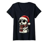 Mujer Sombrero de Papá Noel Husky Siberiano Bufanda Gafas de Sol Sombras Amante Camiseta Cuello V