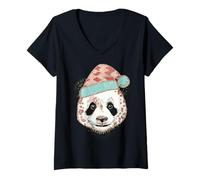 Mujer Sombrero de Papá Noel Panda Cozy Vibes de Invierno Camiseta Cuello V