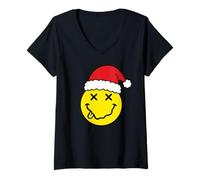 Mujer Sombrero de Papá Noel Sonrisa Cara X Ojos Cara Feliz Vacaciones Camiseta Cuello V