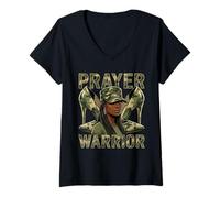 Mujer Sombrero de tacón camuflado, Guerrero de oración, Inspirado en la fe Cristiana Camiseta Cuello V