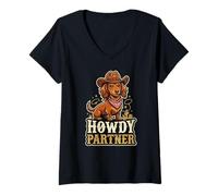 Mujer Sombrero de Vaquero Perro Salchicha Howdy Western Wiener Perro Divertido Camiseta Cuello V